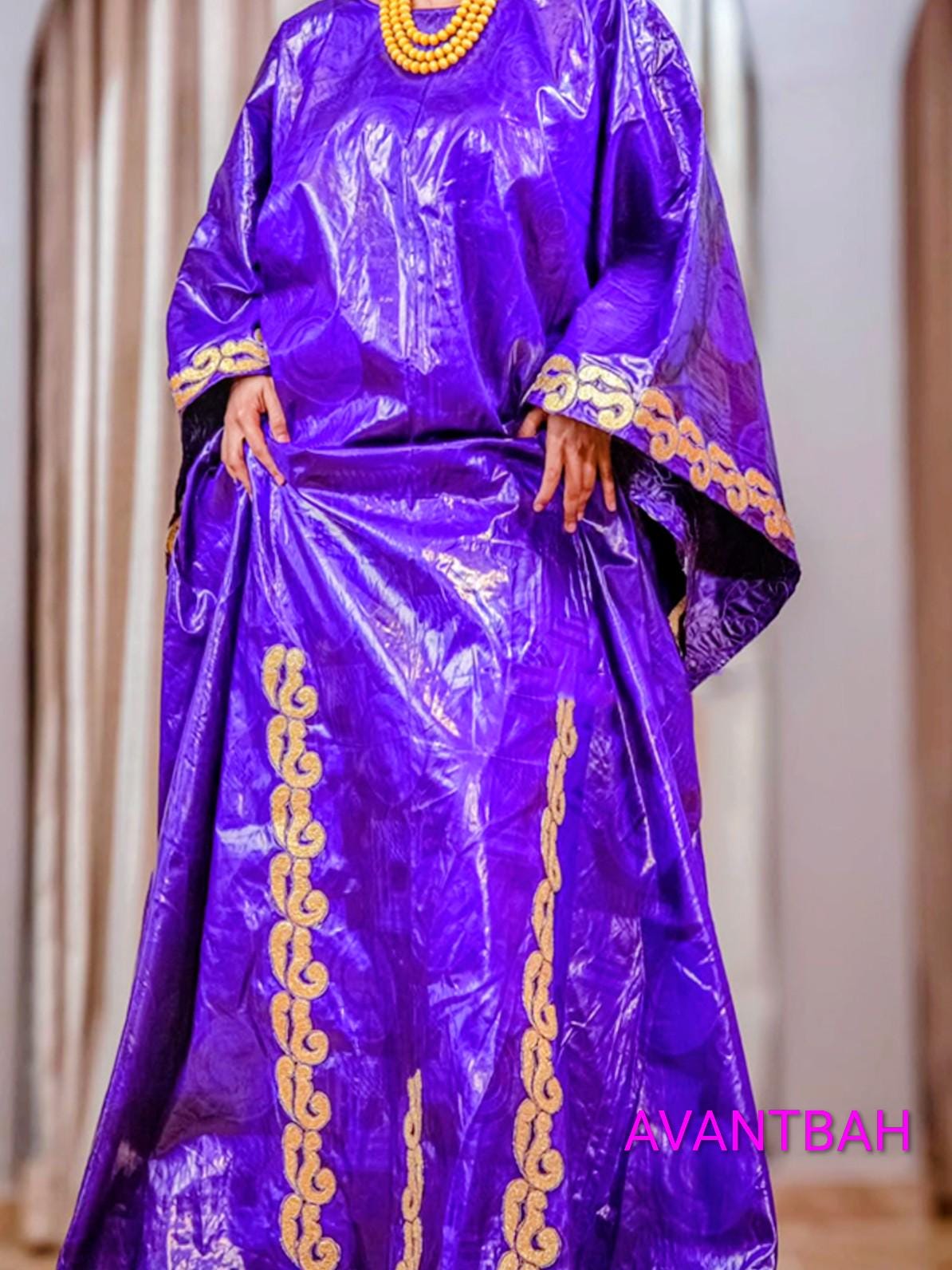 Women's Bazin Riche Abaya | Elegant Purple Embroidered Bubu Dress