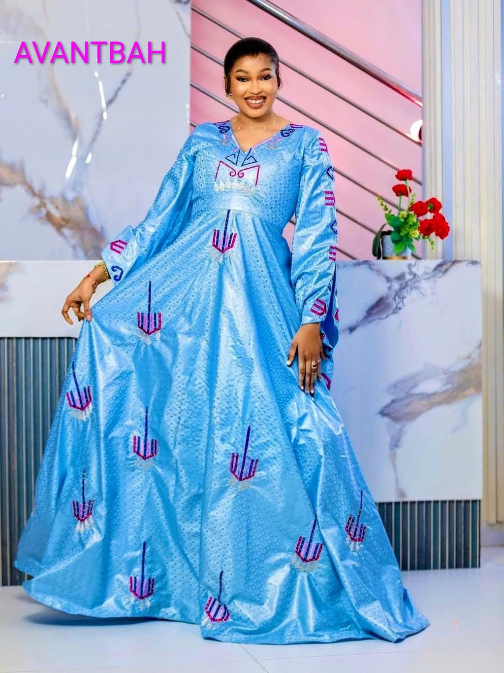 African Bazin Riche Abaya Dress | Embroidered Grand Bubu, Blue Head Scarf