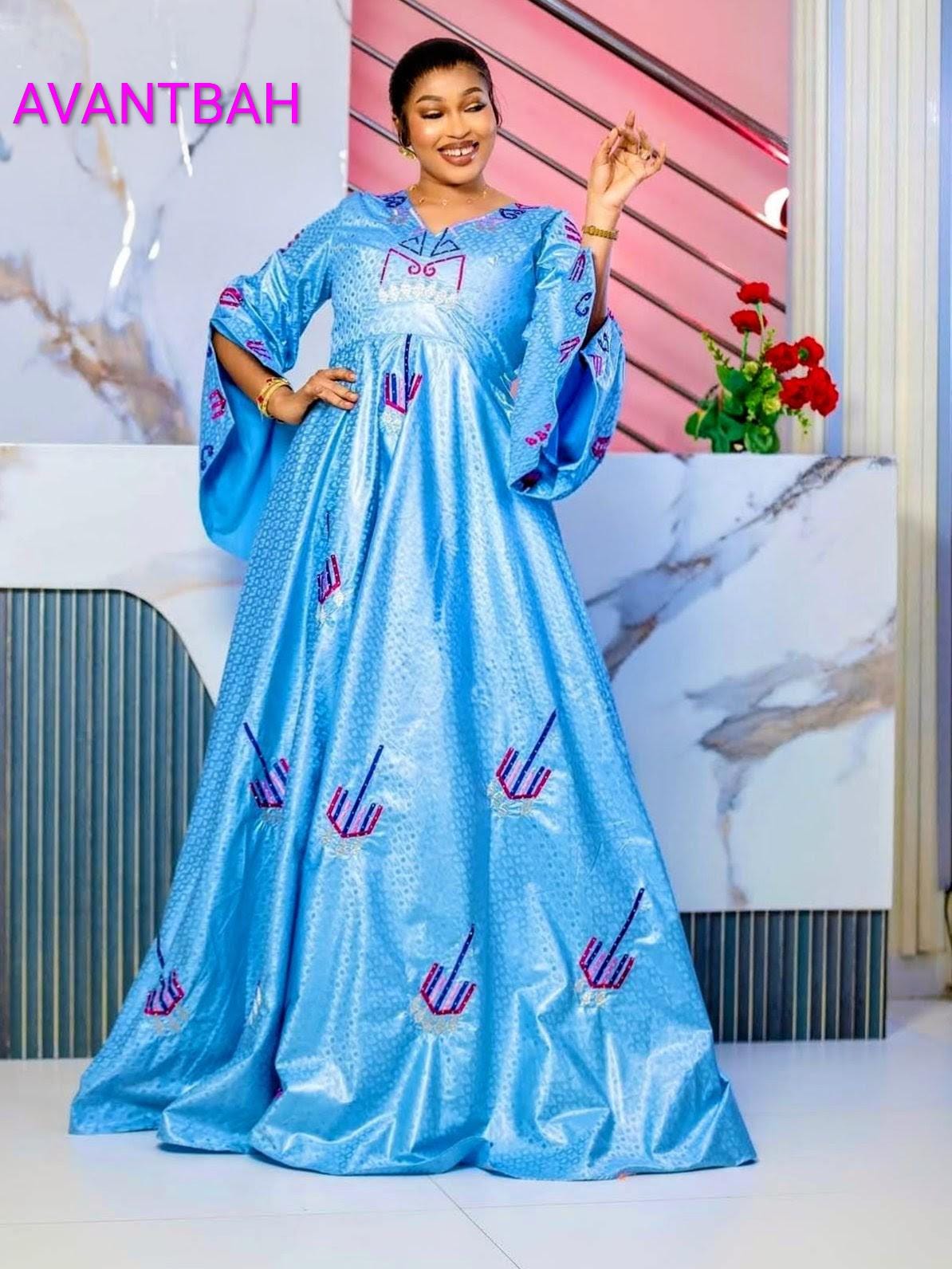 African Bazin Riche Abaya Dress | Embroidered Grand Bubu, Blue Head Scarf