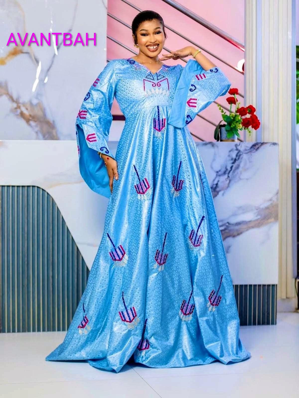 African Bazin Riche Abaya Dress | Embroidered Grand Bubu, Blue Head Scarf