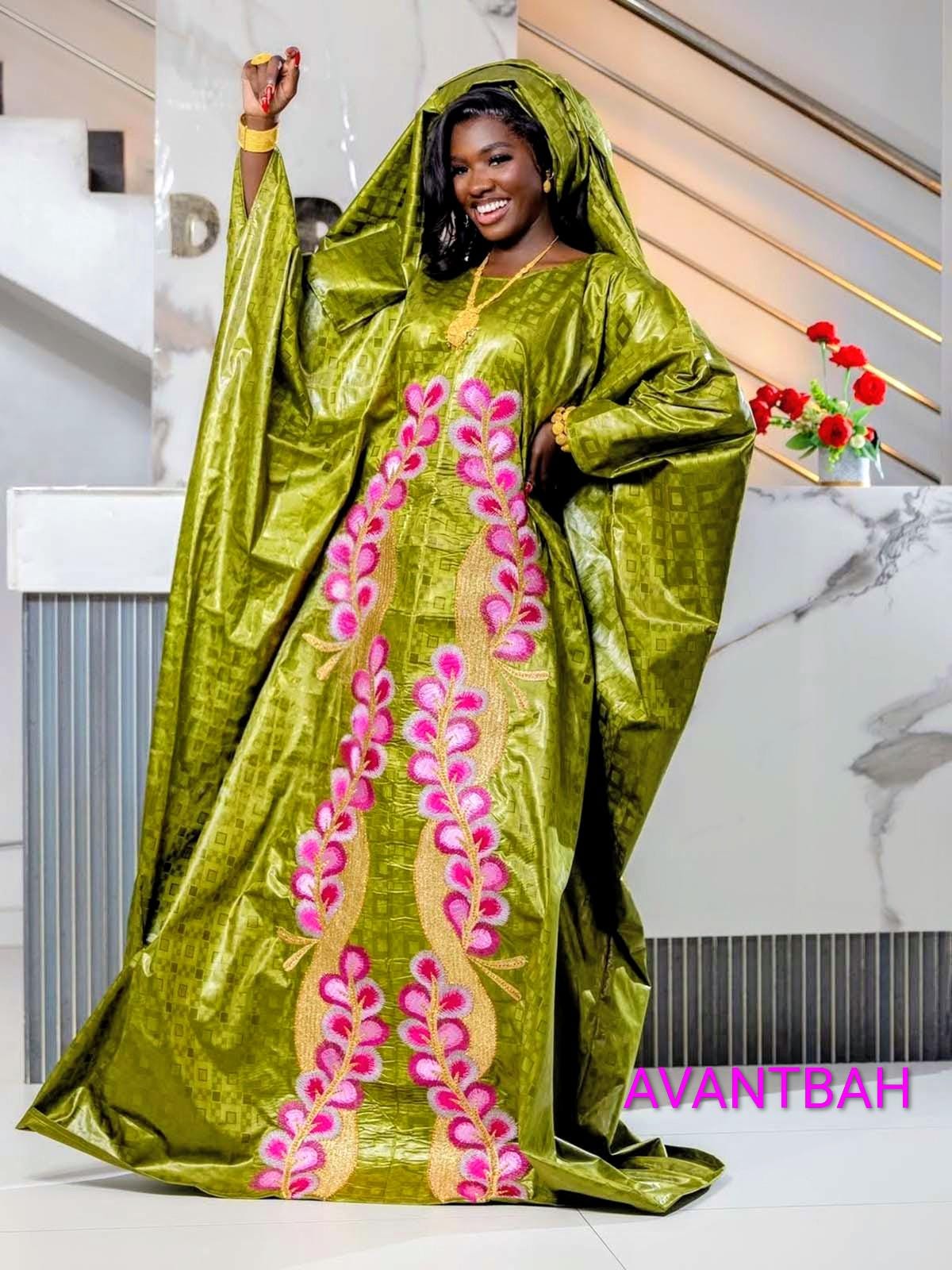 Women's Bazin Riche Abaya | Elegant Green Embroidered Bubu Dress