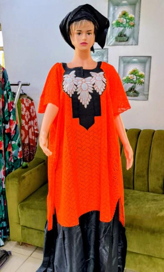 Bazin Riche Lace Top and Skirt Set With Scarf: Orange/Black Traditional Wear