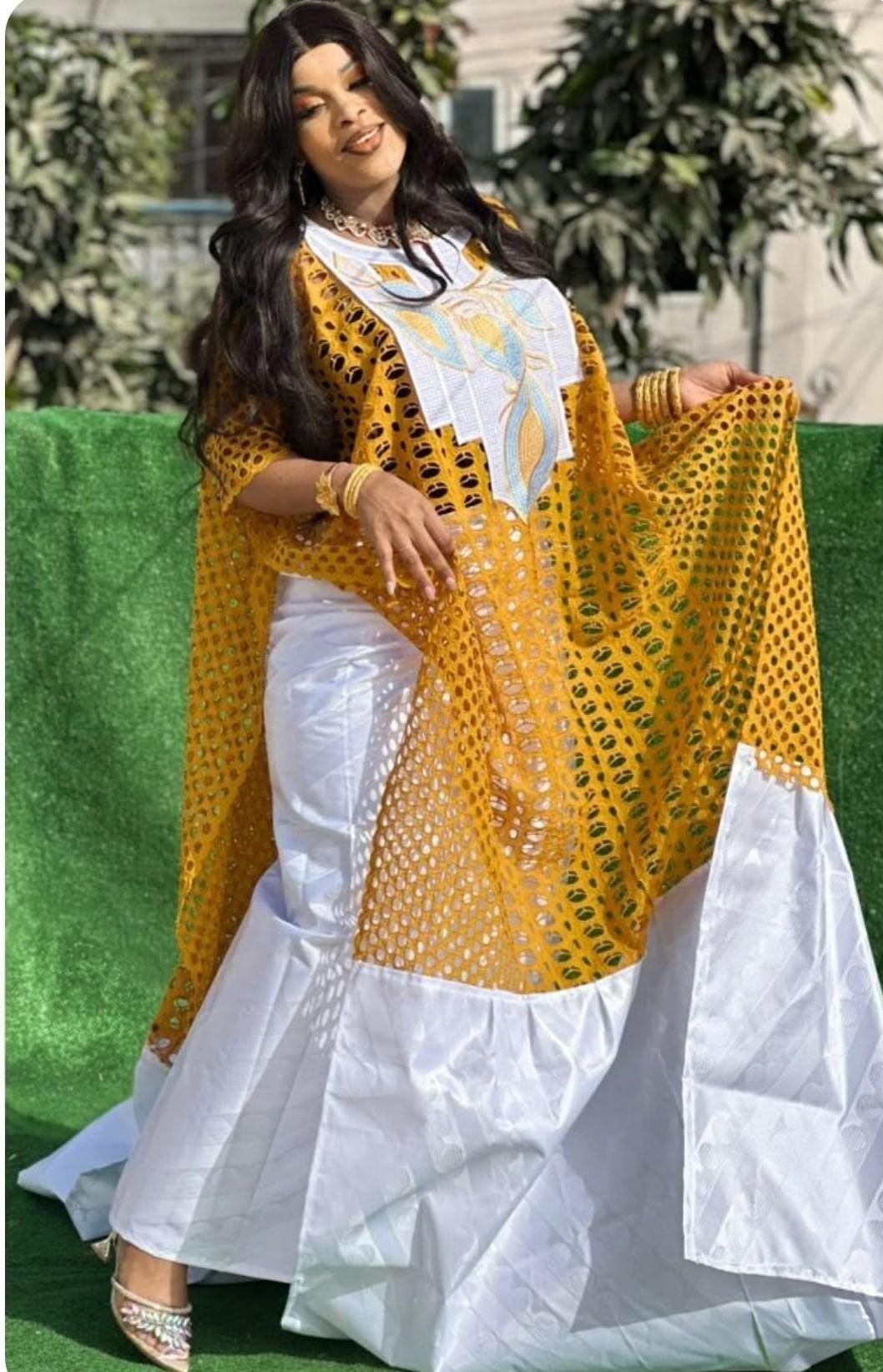 Bazin Riche Lace Mix Print Top Skirt Set With Scarf: Traditional Wear White/Yellow