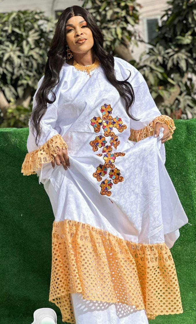 Bazin Riche Lace Mix Print Top Skirt Set With Scarf: Traditional Wear White/Yellow