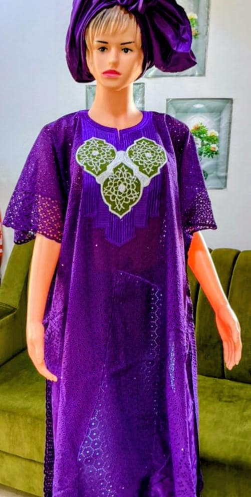 Bazin Riche Lace Top and Skirt Set With Scarf: Purple Traditional Wear
