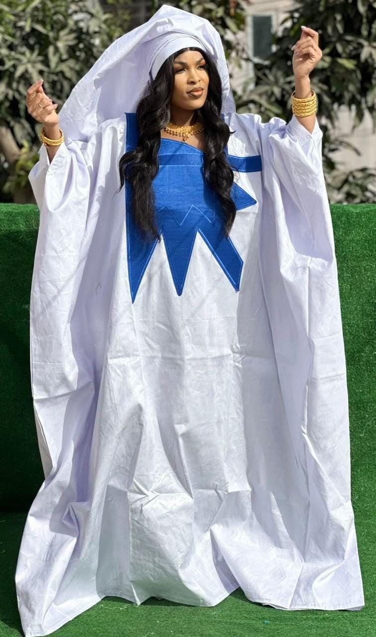 Bazin Riche Abaya Dress: Embroidered African Traditional Women's Wear White/Blue