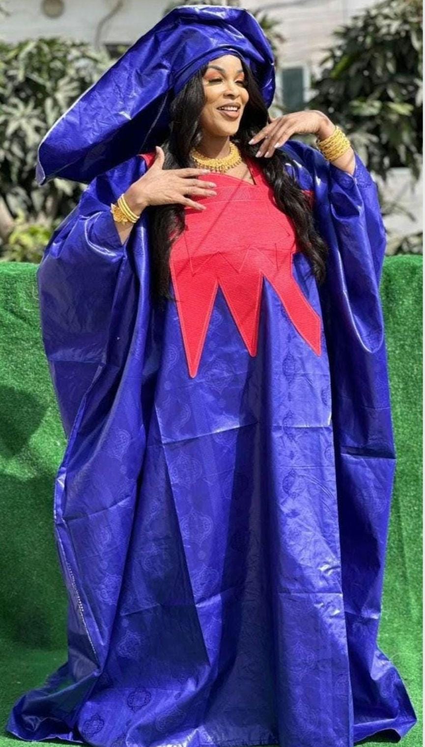 Bazin Riche Abaya Dress: Embroidered African Traditional Women's Wear In Royal Blue