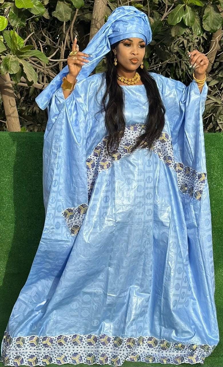 African Bazin Riche Clothing For Women/ Abaya Dress | Sky Blue Embroidery Plus Size Bubu
