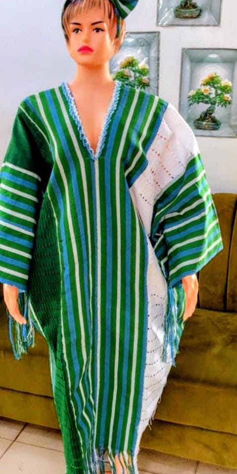Women's African Ashoki Kaftan Dress, Striped Fringed Hem, Head Tie