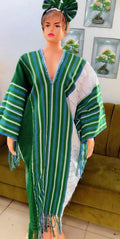 Women's African Ashoki Kaftan Dress, Striped Fringed Hem, Head Tie