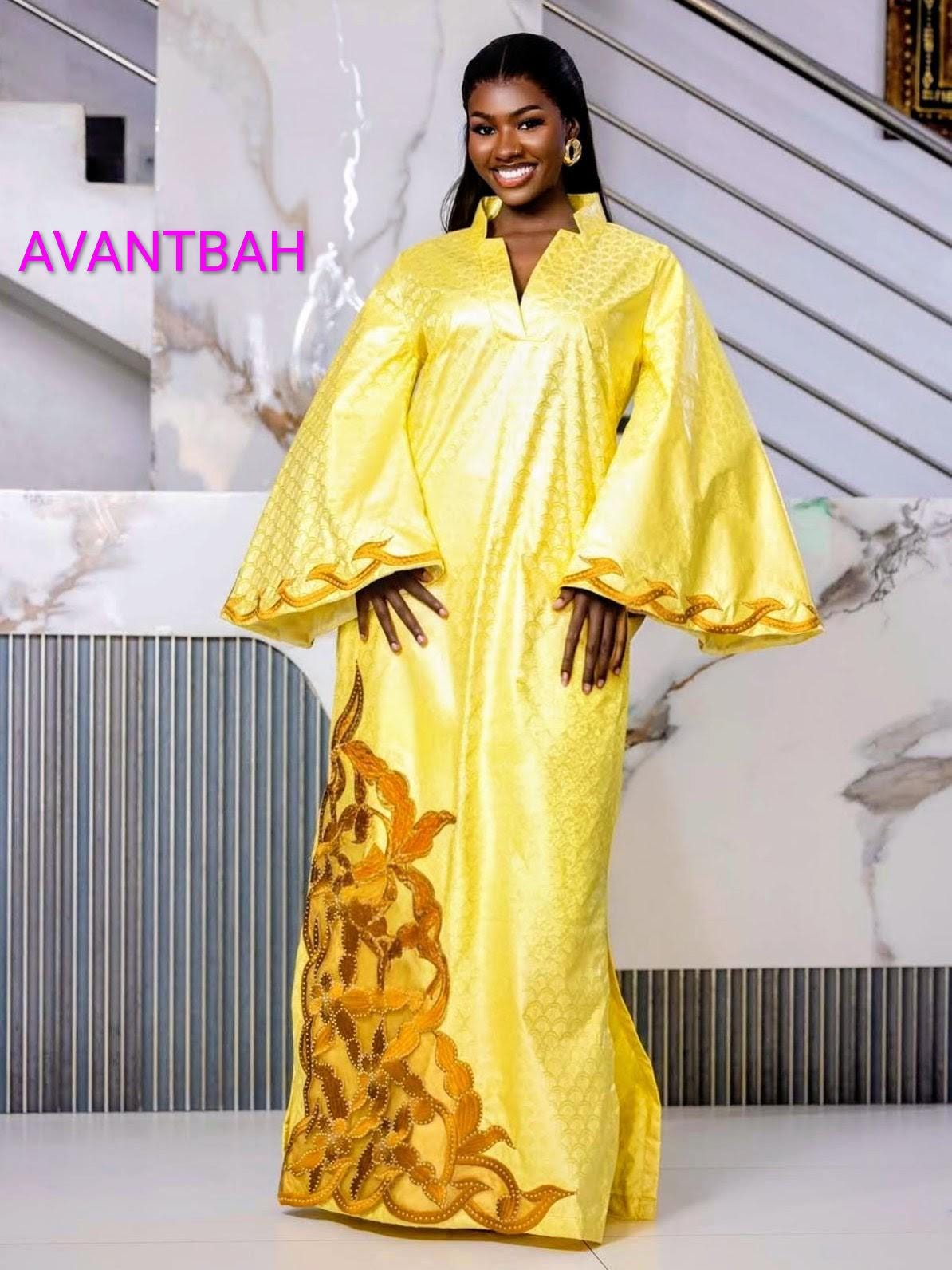 African Bazin Riche Abaya Dress | Elegant Embroidered Grand Bubu, Head Scarf In Yellow