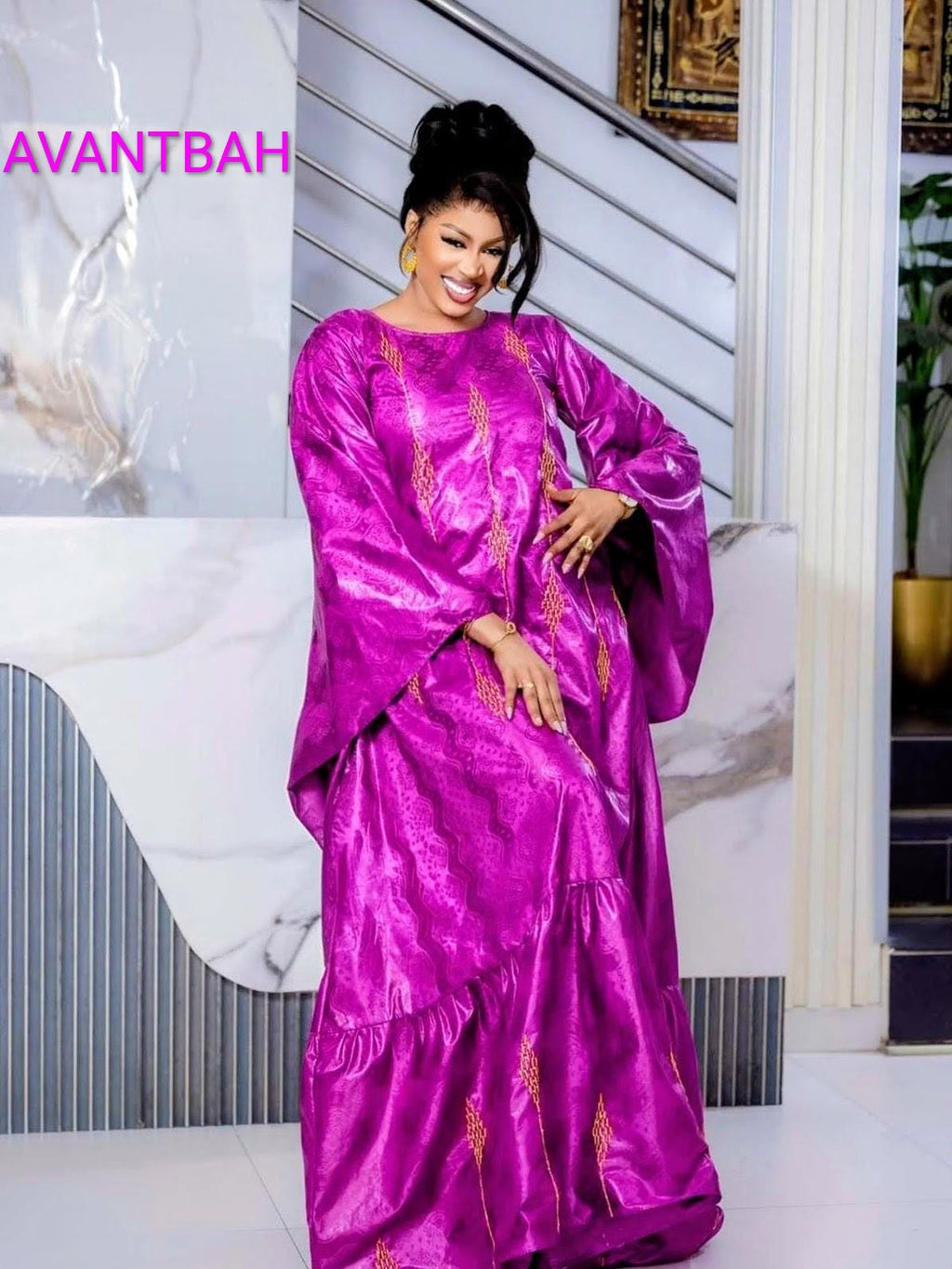 African Bazin Riche Abaya Dress | Elegant Embroidered Grand Bubu, Head Scarf In Pink