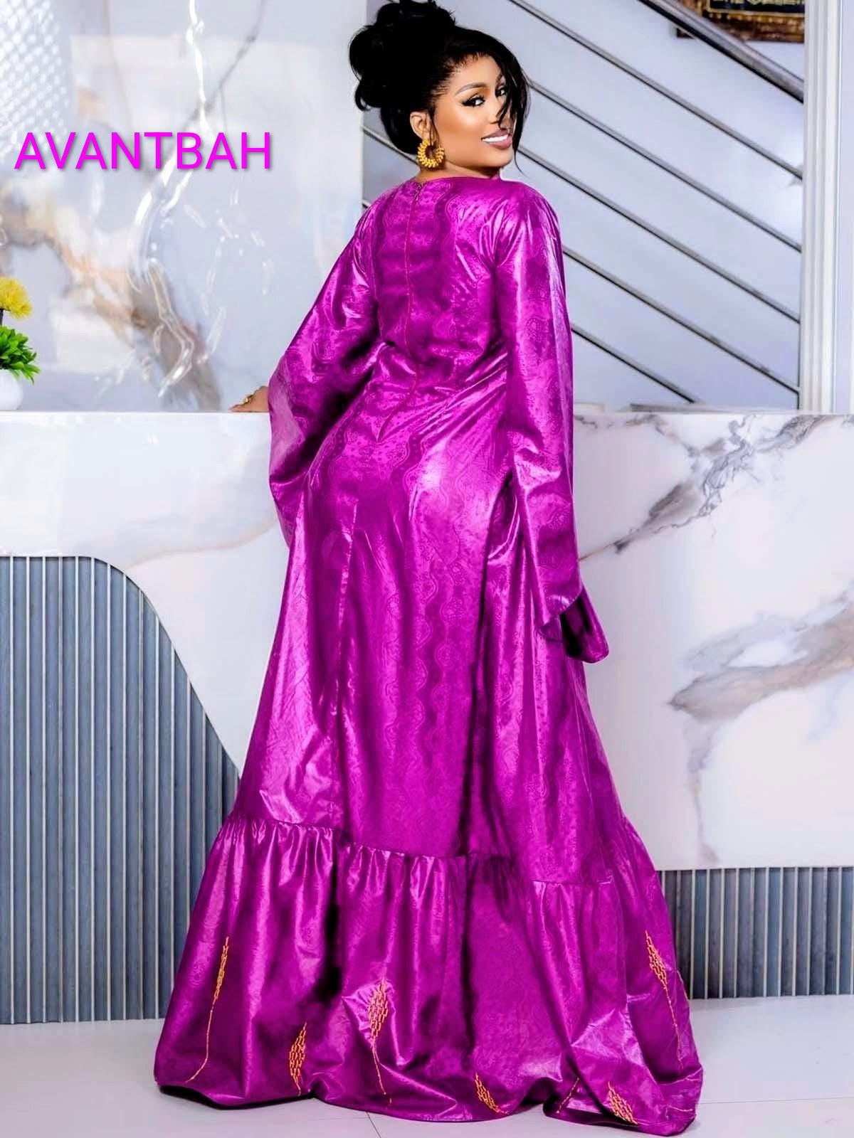 African Bazin Riche Abaya Dress | Elegant Embroidered Grand Bubu, Head Scarf In Pink