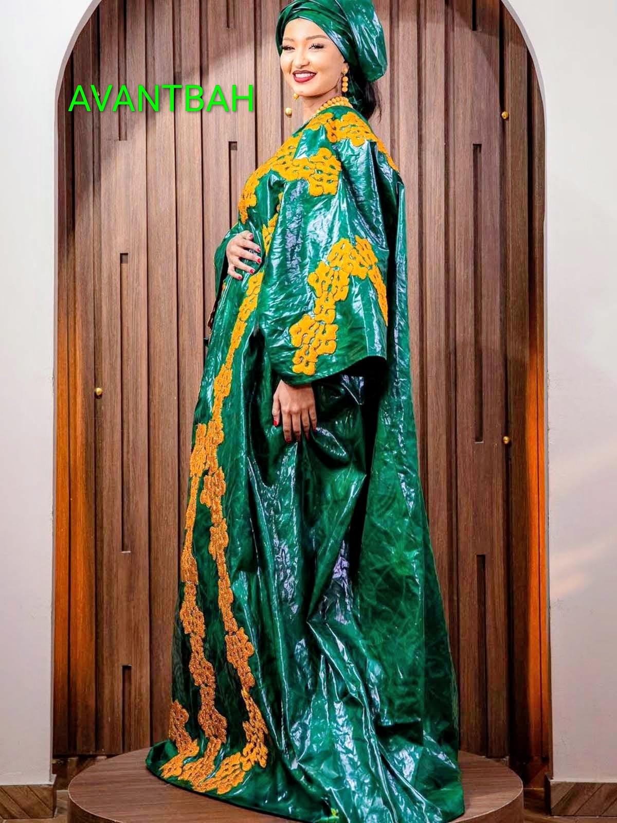 Elegant Green Bazin Riche Abaya | Embroidered Bubu Dress for Parties Weddings