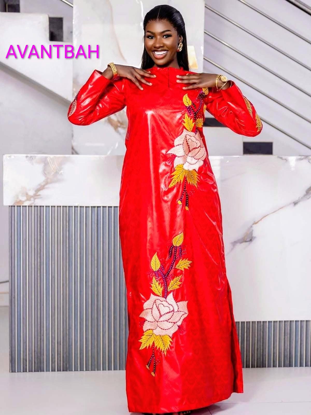 African Bazin Riche Abaya Dress | Elegant Embroidered Grand Bubu, Head Scarf In Red