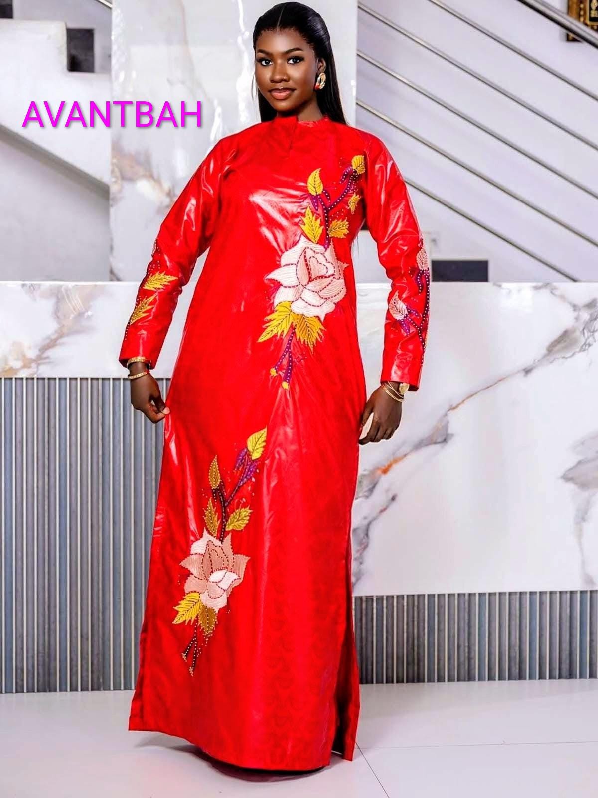 African Bazin Riche Abaya Dress | Elegant Embroidered Grand Bubu, Head Scarf In Red