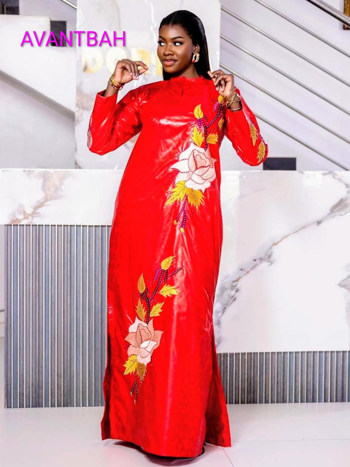 African Bazin Riche Abaya Dress | Elegant Embroidered Grand Bubu, Head Scarf In Red