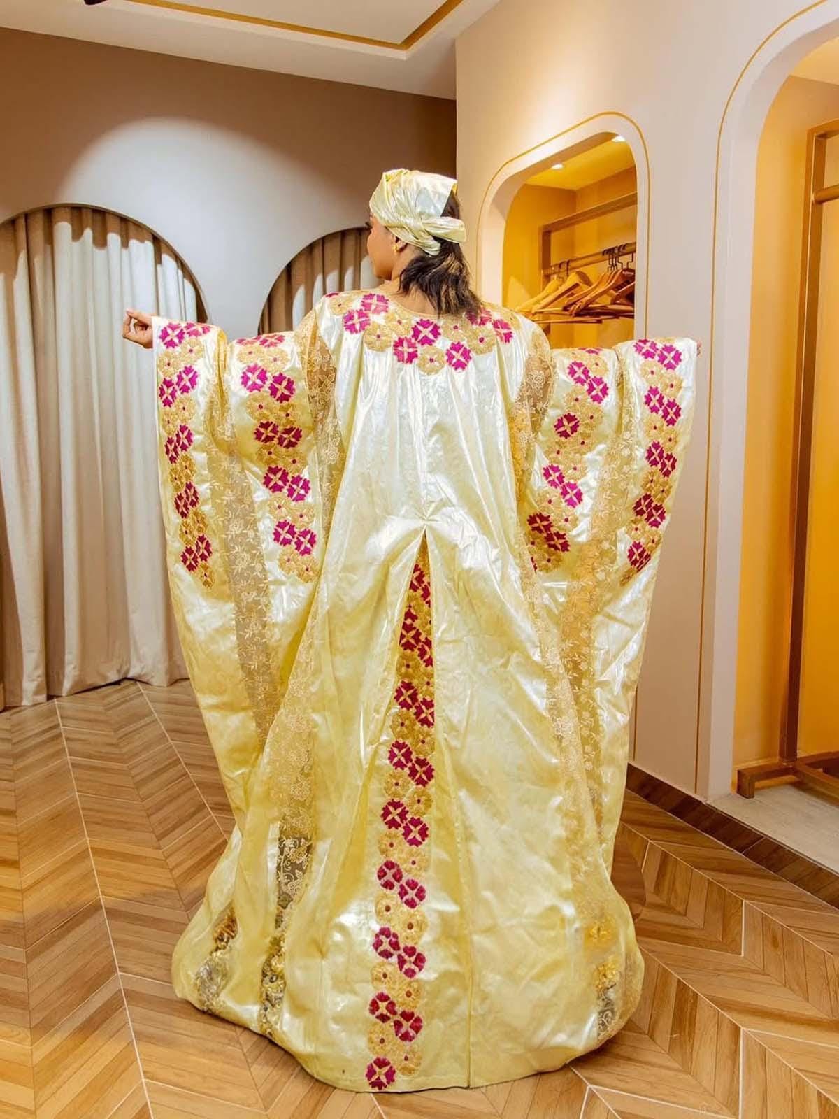 Women's Bazin Riche Abaya | Elegant Gold Embroidery Bubu Dress for Parties, Weddings