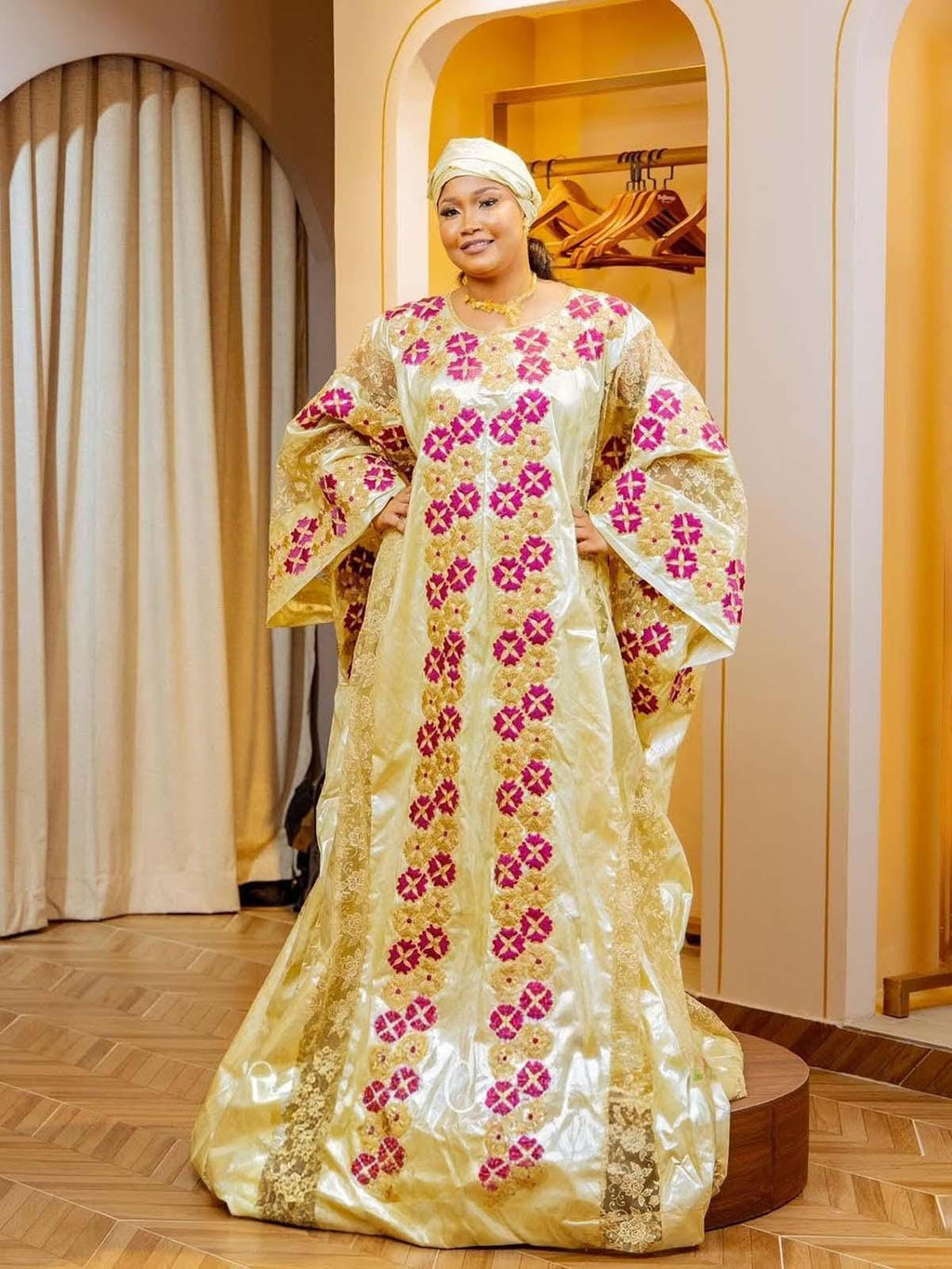 Women's Bazin Riche Abaya | Elegant Gold Embroidery Bubu Dress for Parties, Weddings