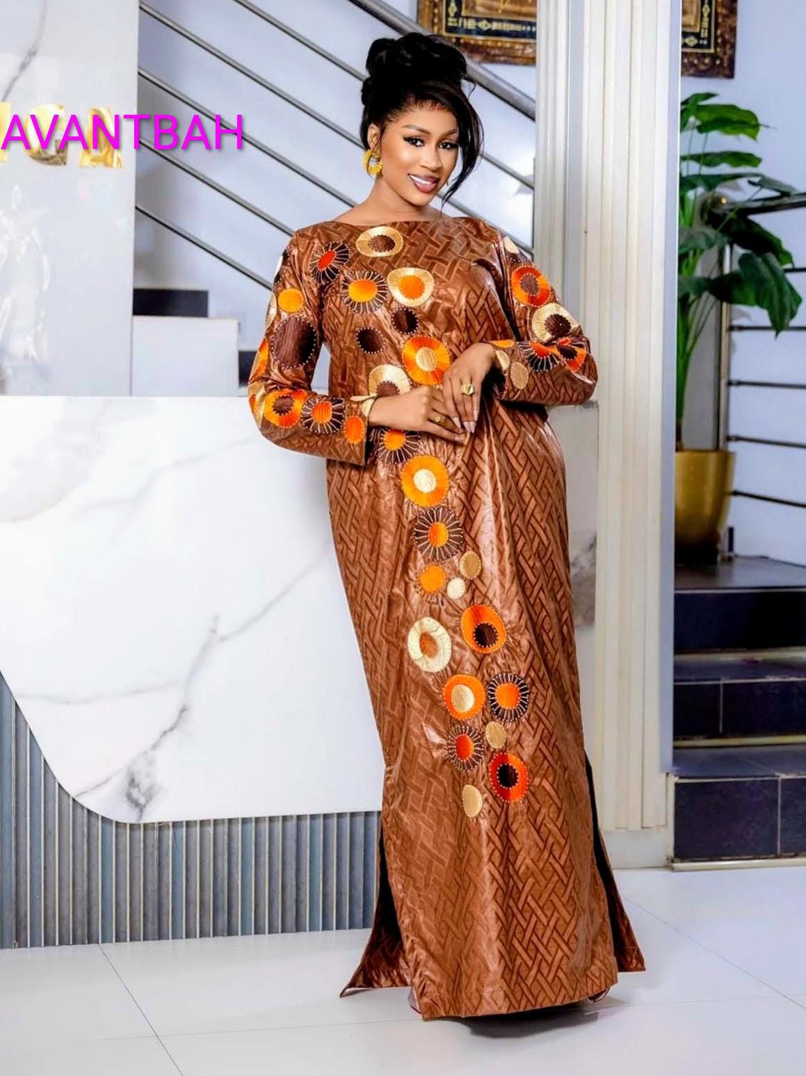 African Bazin Riche Abaya Dress | Elegant Embroidered Grand Bubu, Head Scarf In Brown