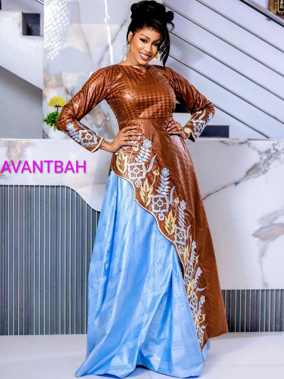 Embroidered Women Bazin Riche Abaya Dress, Grand Bubu, Brown Blue Head Scarf