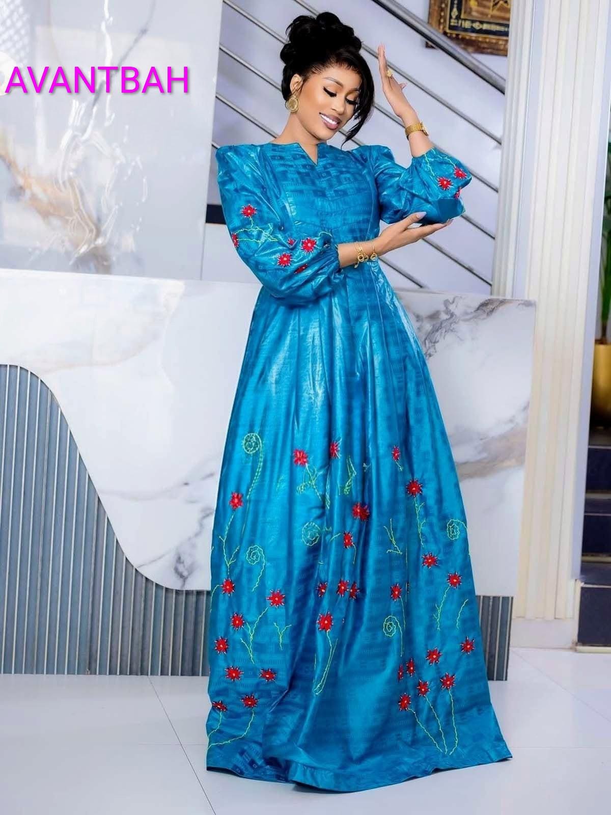 African Bazin Riche Abaya Dress | Elegant Embroidered Grand Bubu, Head Scarf In Blue