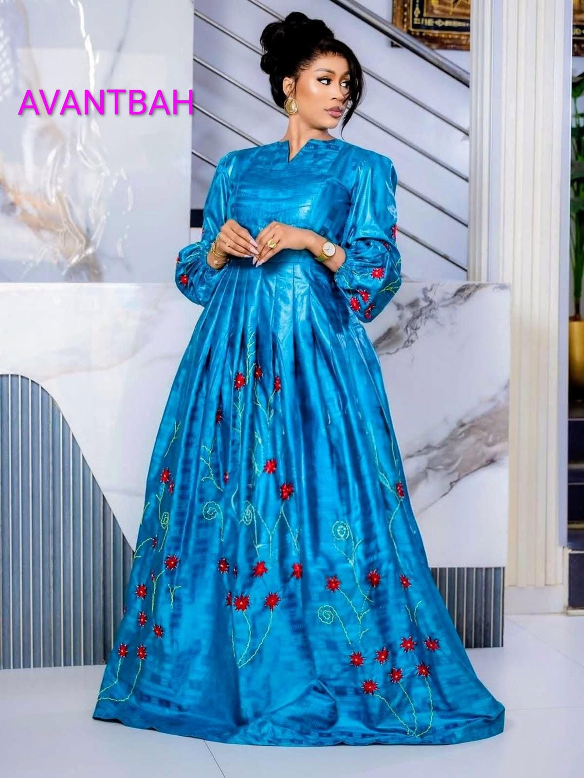 African Bazin Riche Abaya Dress | Elegant Embroidered Grand Bubu, Head Scarf In Blue