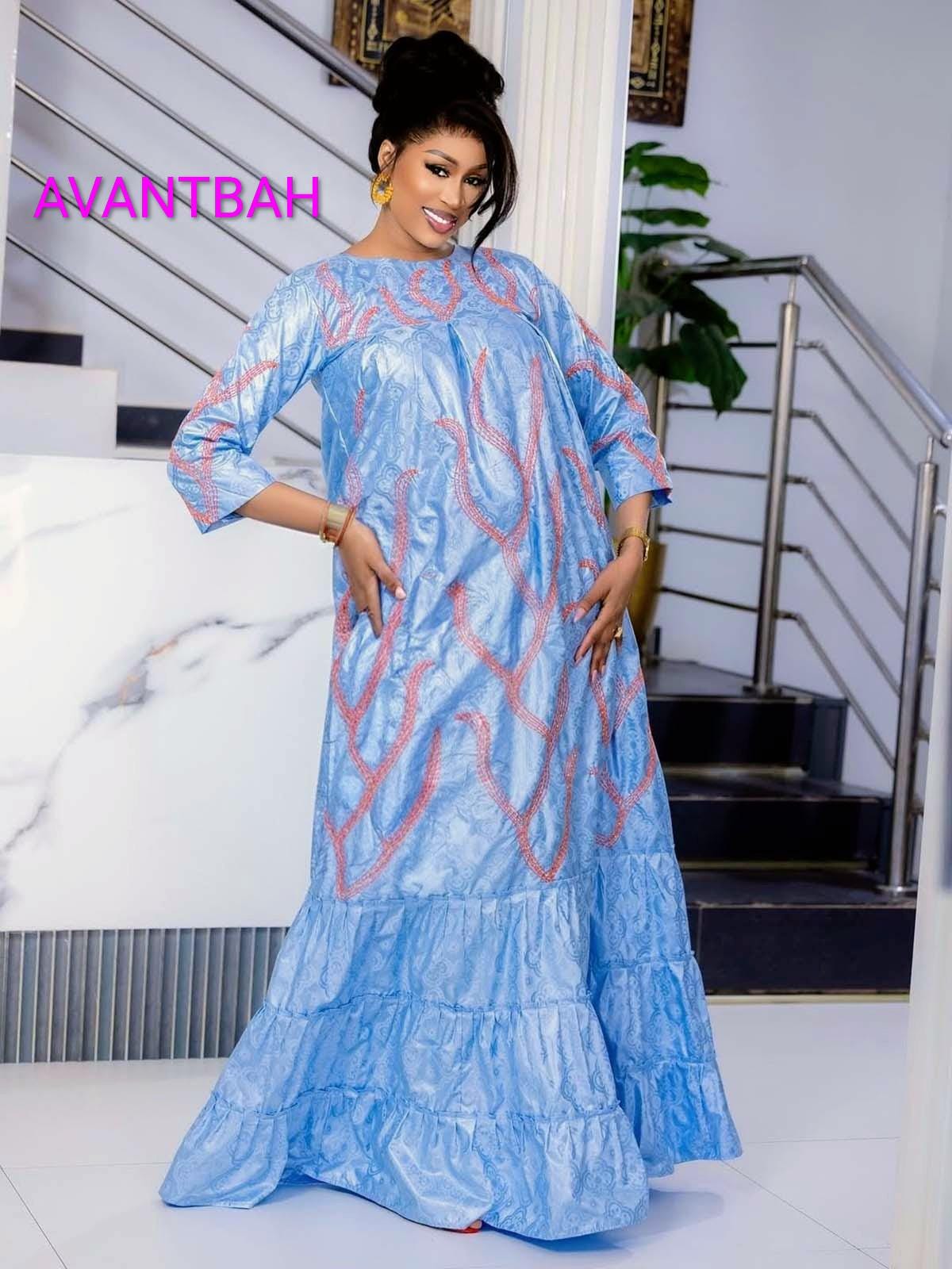 African Bazin Riche Abaya Dress | Elegant Embroidered/Grand Bubu, Head Scarf In Blue