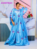 African Bazin Riche Abaya Dress | Embroidered Grand Bubu, Blue Head Scarf