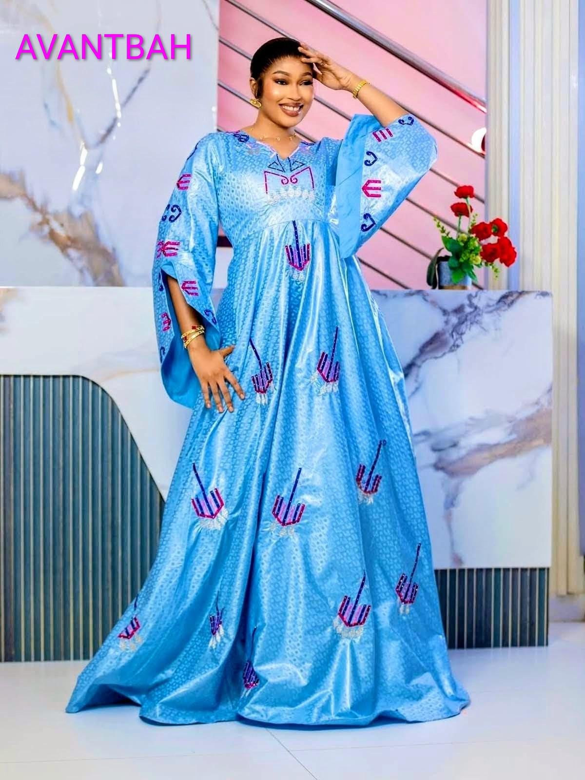 African Bazin Riche Abaya Dress | Embroidered Grand Bubu, Blue Head Scarf