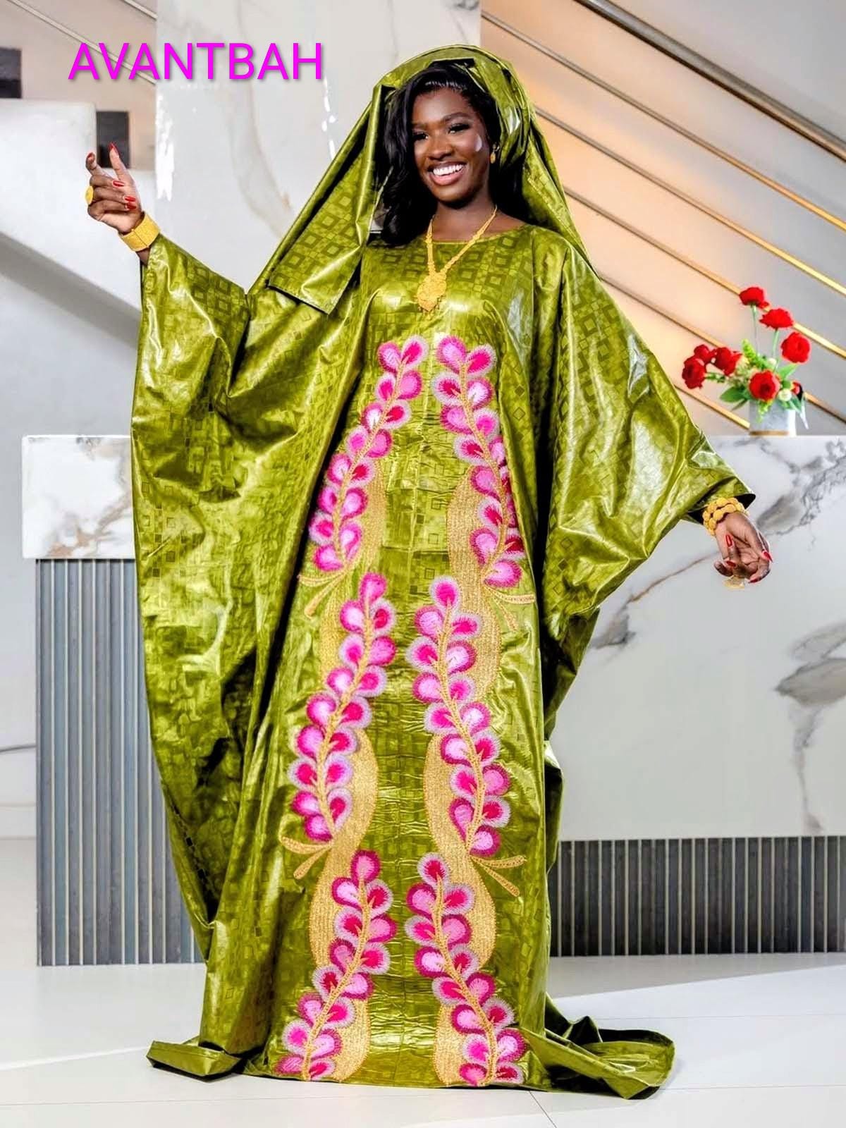 Women's Bazin Riche Abaya | Elegant Green Embroidered Bubu Dress