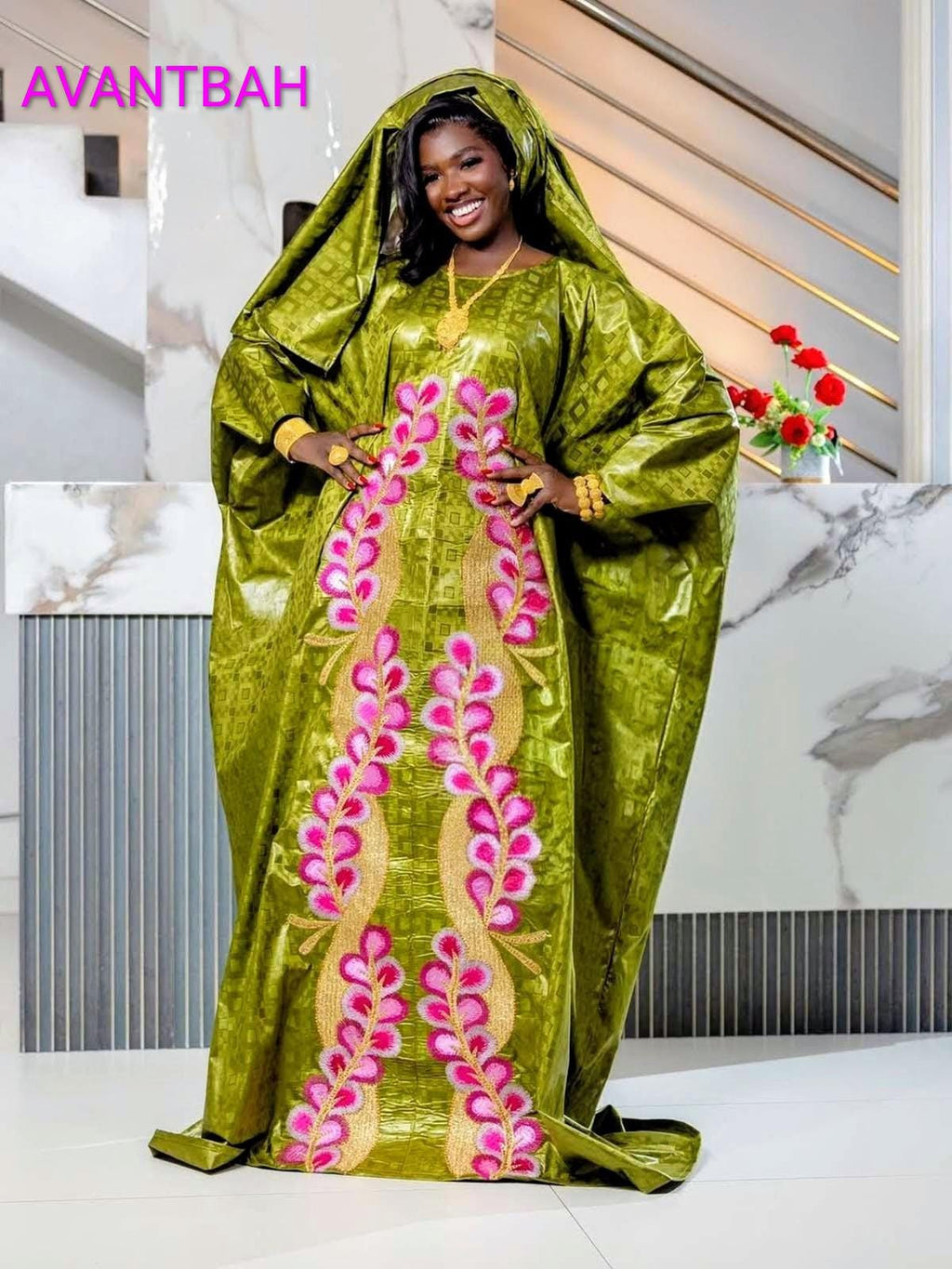 Women's Bazin Riche Abaya | Elegant Green Embroidered Bubu Dress