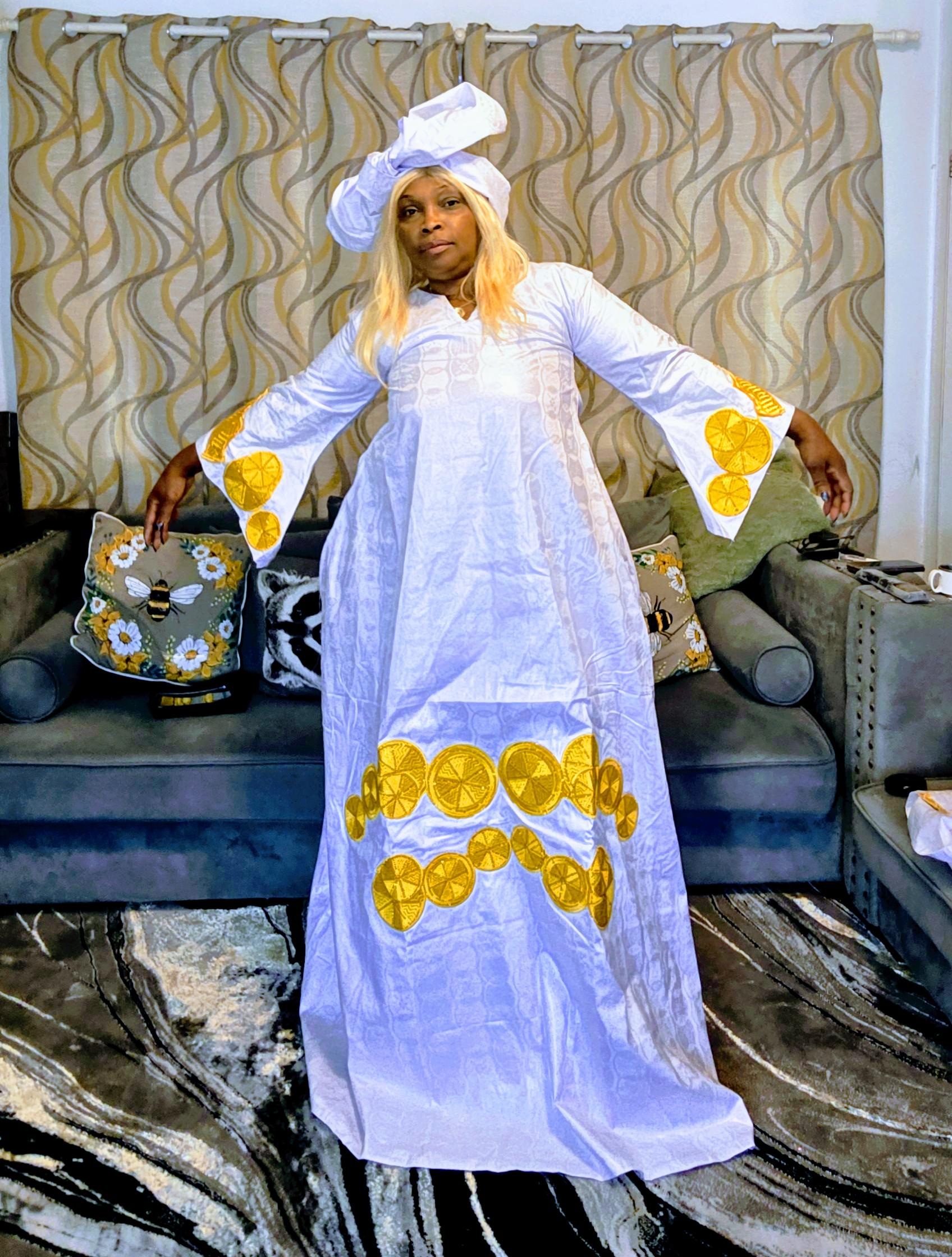 African Women Bazin Riche Abaya Dress | Elegant Embroidered Grand Bubu, Head Scarf