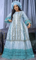 African Bazin Riche Lace Abaya Dress | Elegant Embroidered Grand Bubu, Blue Head Scarf