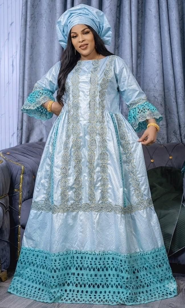 African Bazin Riche Lace Abaya Dress | Elegant Embroidered Grand Bubu, Blue Head Scarf