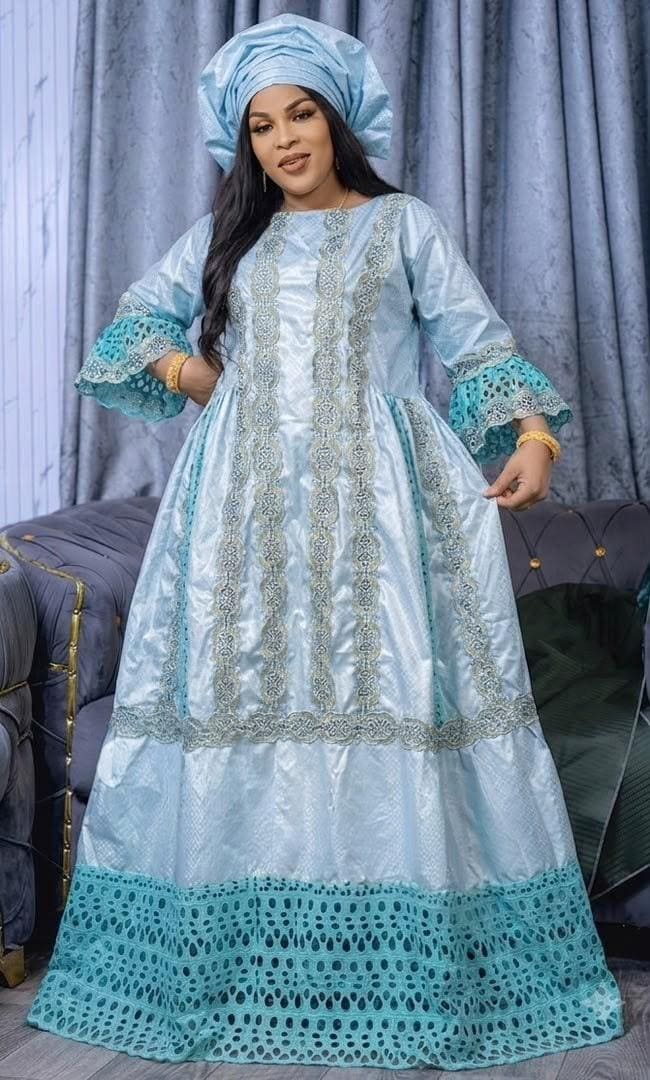 African Bazin Riche Lace Abaya Dress | Elegant Embroidered Grand Bubu, Blue Head Scarf
