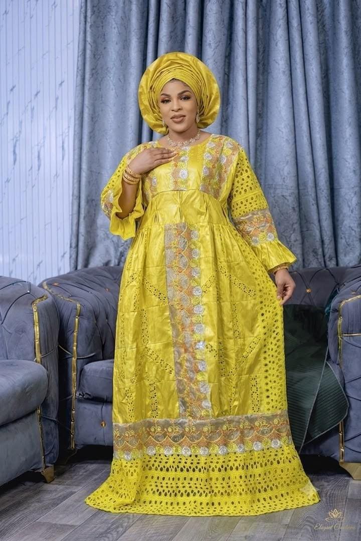 African Bazin Riche Lace Mix Abaya Dress | Elegant Embroidered Grand Bubu, Yellow Head Scarf