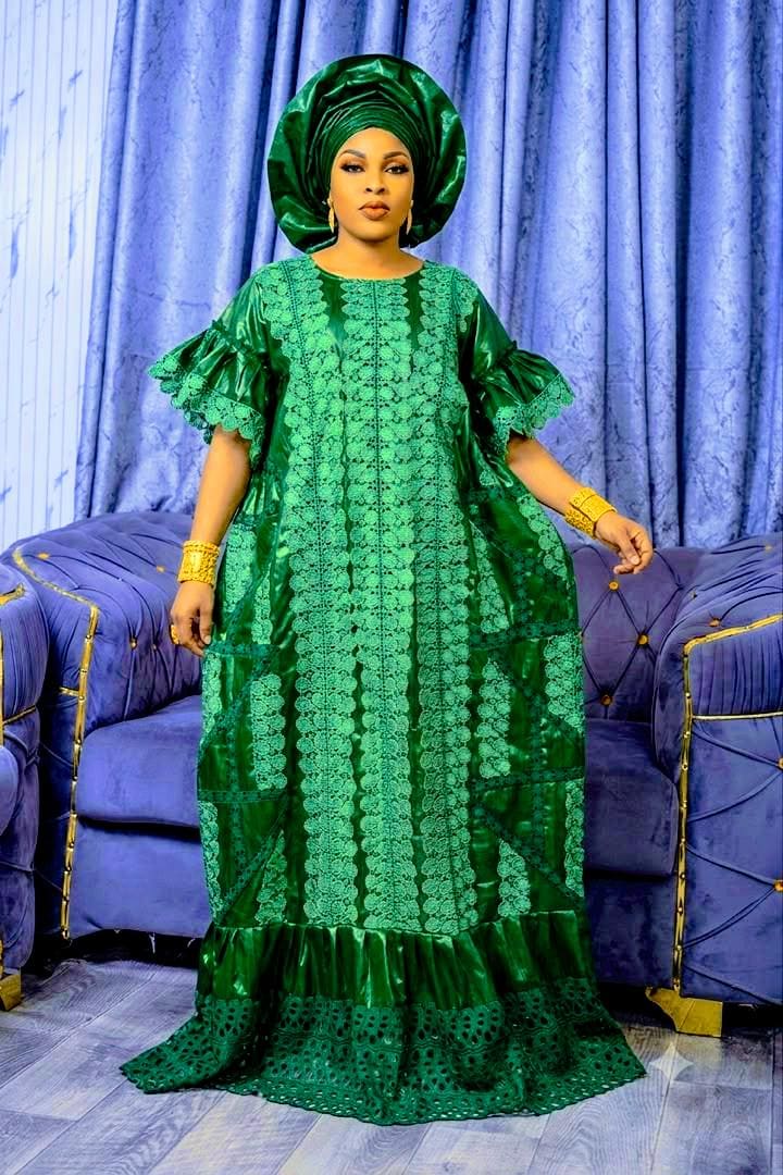 African Bazin Riche Lace Mix Abaya Dress | Elegant Embroidered Grand Bubu, Green Head Scarf