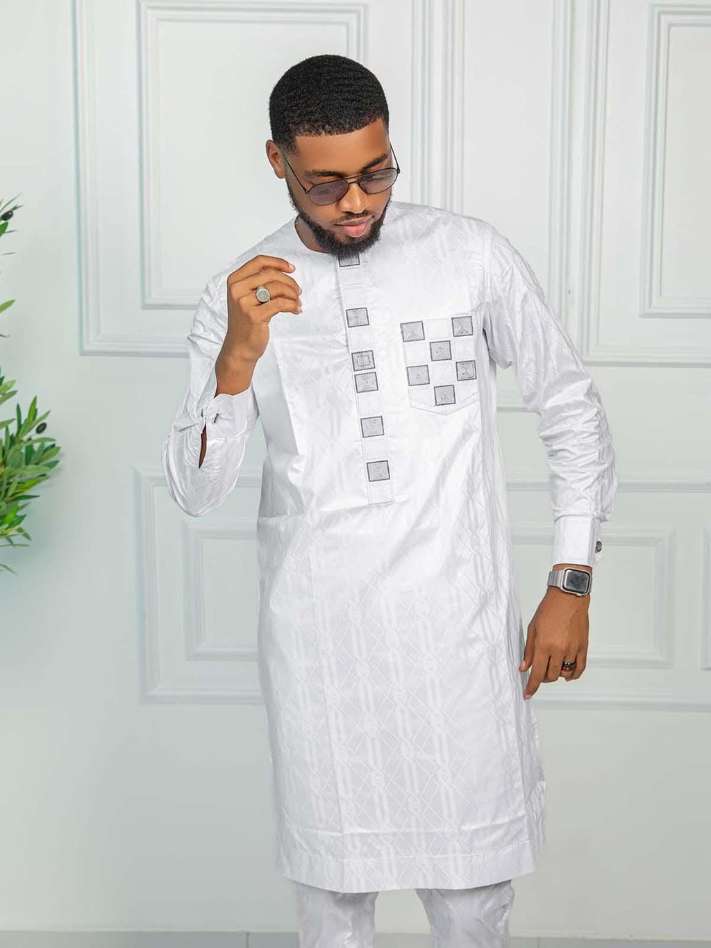 Men's Getzner Bazin Riche 2-Piece Set: Traditional African Embroidery, Long Sleeve Gown andbTrouser