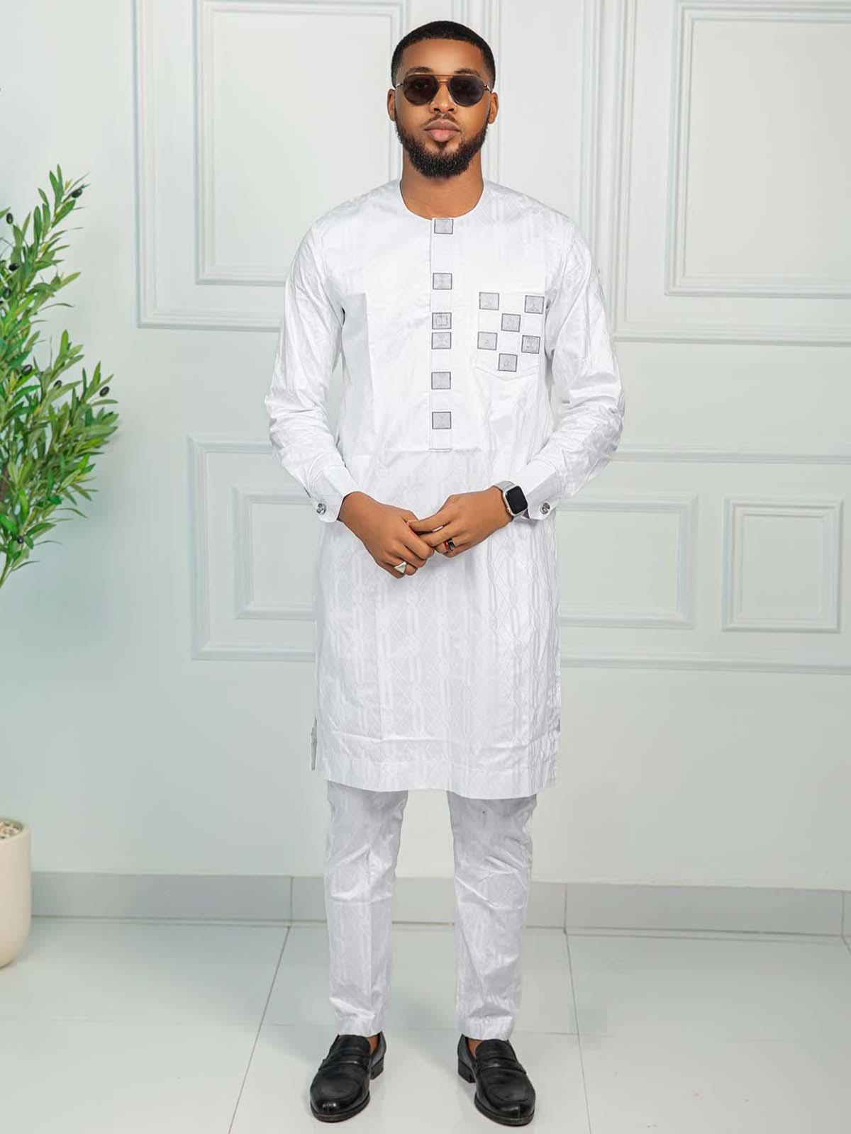 Men's Getzner Bazin Riche 2-Piece Set: Traditional African Embroidery, Long Sleeve Gown andbTrouser
