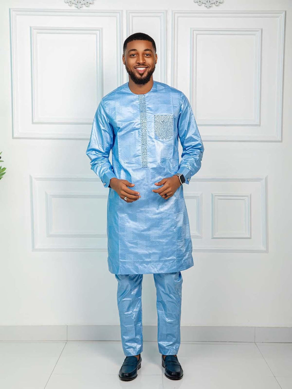 Men's Getzner Bazin Riche 2-Piece Set: Traditional African Embroidery, Long Sleeve Gown andbTrouser