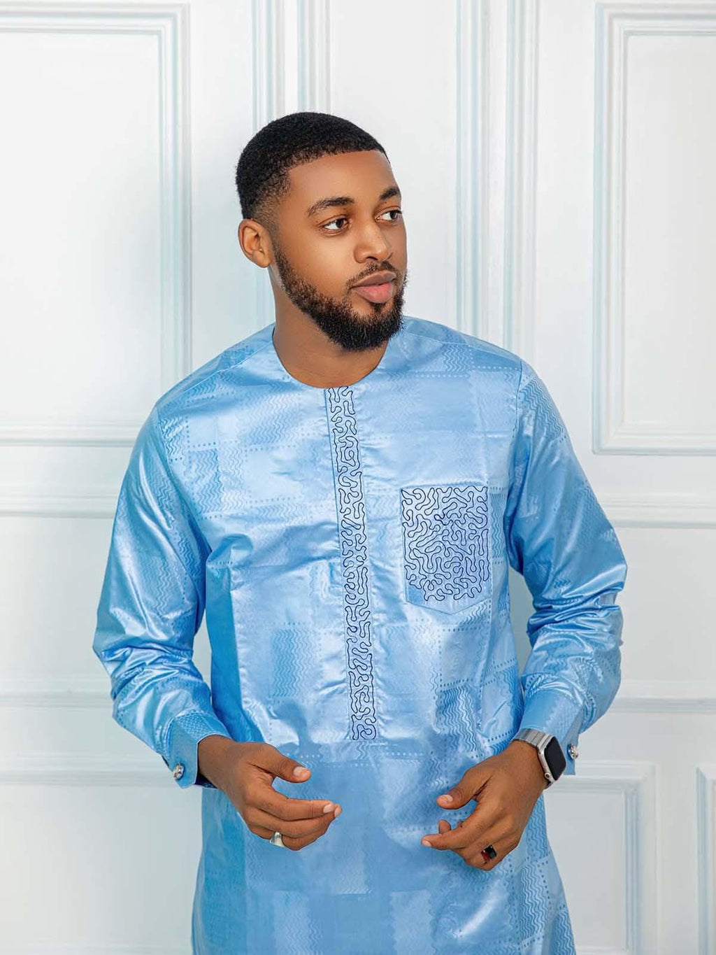 Men's Getzner Bazin Riche 2-Piece Set: Traditional African Embroidery, Long Sleeve Gown andbTrouser