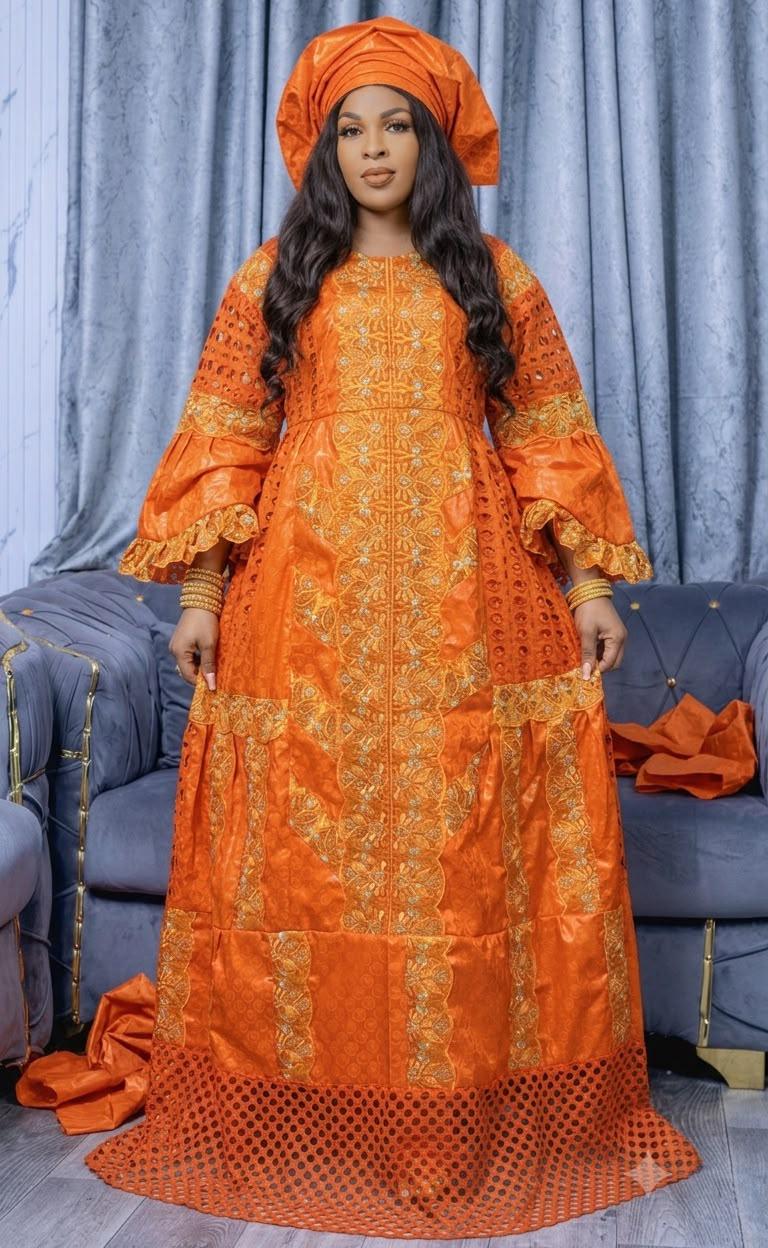 African Bazin Riche Lace Mix Abaya Dress | Elegant Embroidered Grand Bubu, Orange Head Scarf