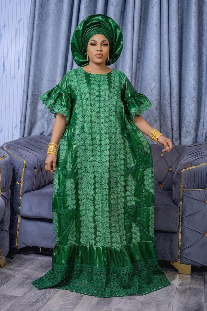 African Bazin Riche Lace Mix Abaya Dress | Elegant Embroidered Grand Bubu, Green Head Scarf