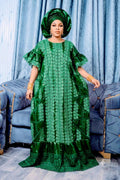 African Bazin Riche Lace Mix Abaya Dress | Elegant Embroidered Grand Bubu, Green Head Scarf