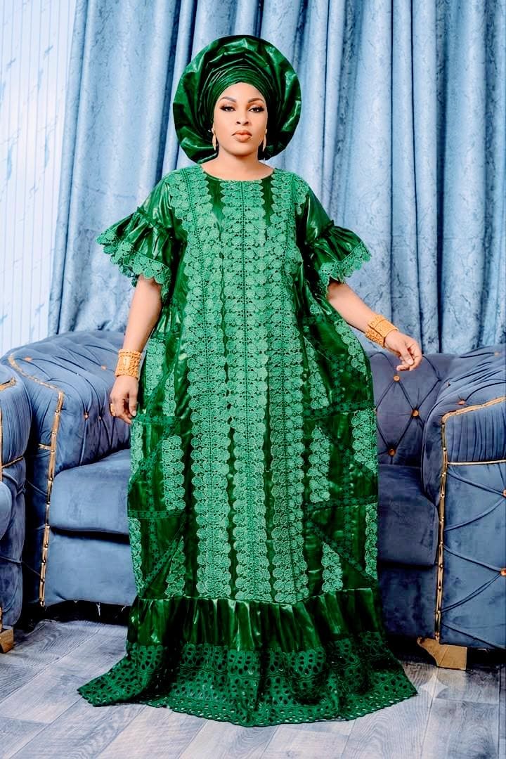African Bazin Riche Lace Mix Abaya Dress | Elegant Embroidered Grand Bubu, Green Head Scarf