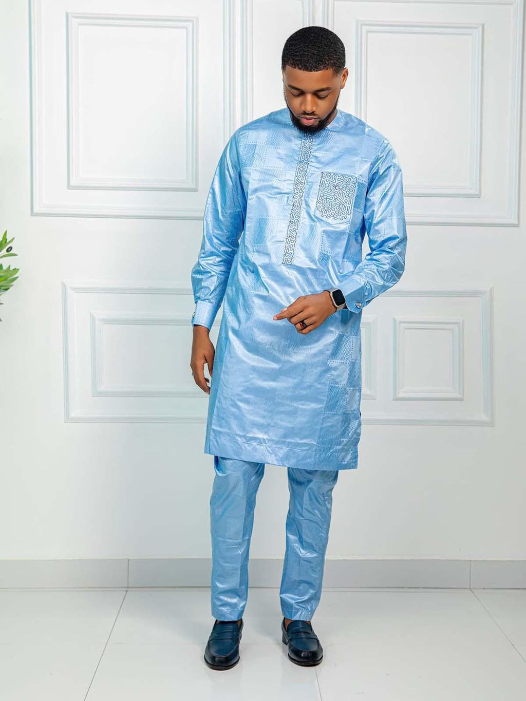 Men's Getzner Bazin Riche 2-Piece Set: Traditional African Embroidery, Long Sleeve Gown andbTrouser