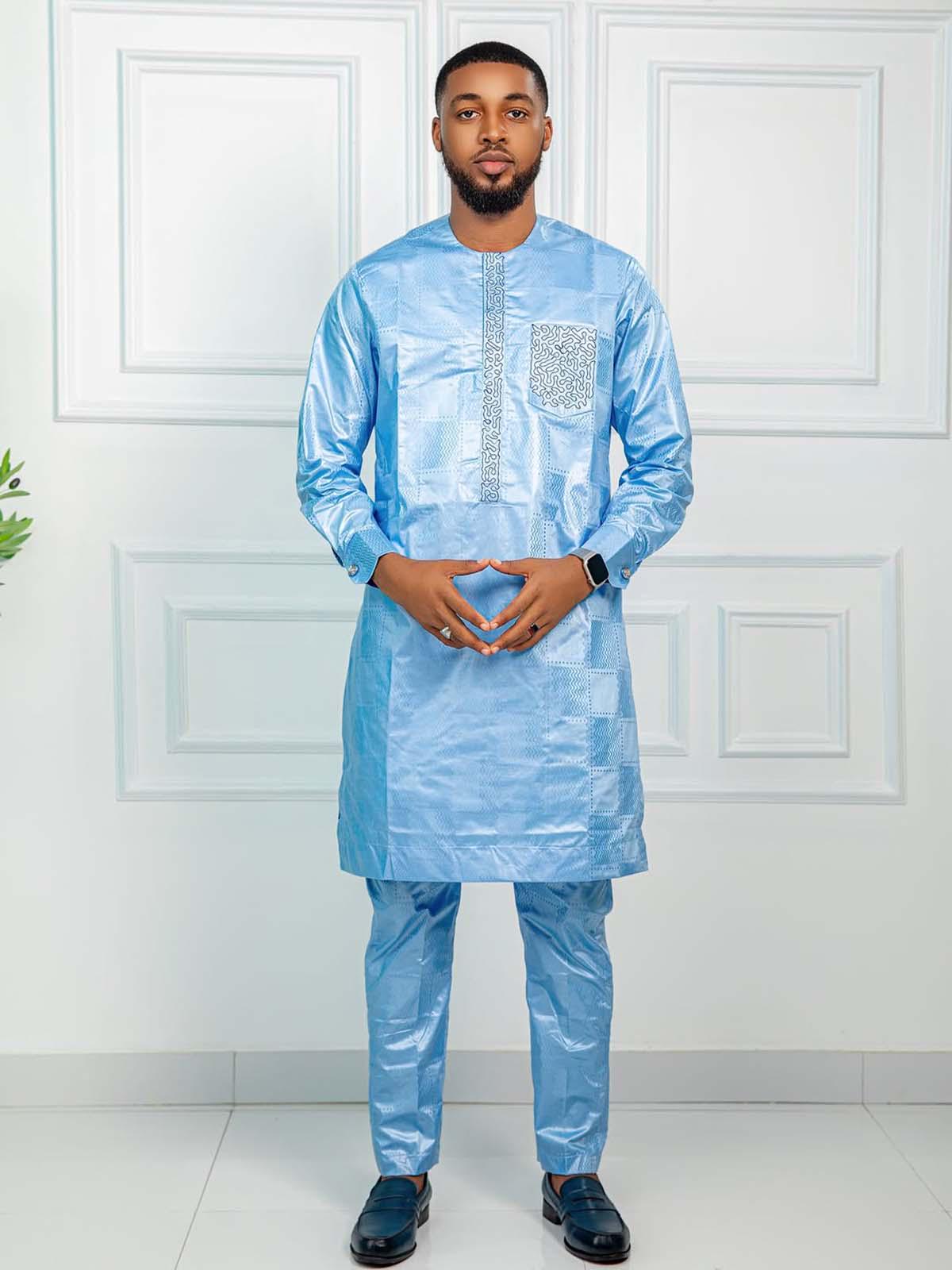 Men's Getzner Bazin Riche 2-Piece Set: Traditional African Embroidery, Long Sleeve Gown andbTrouser