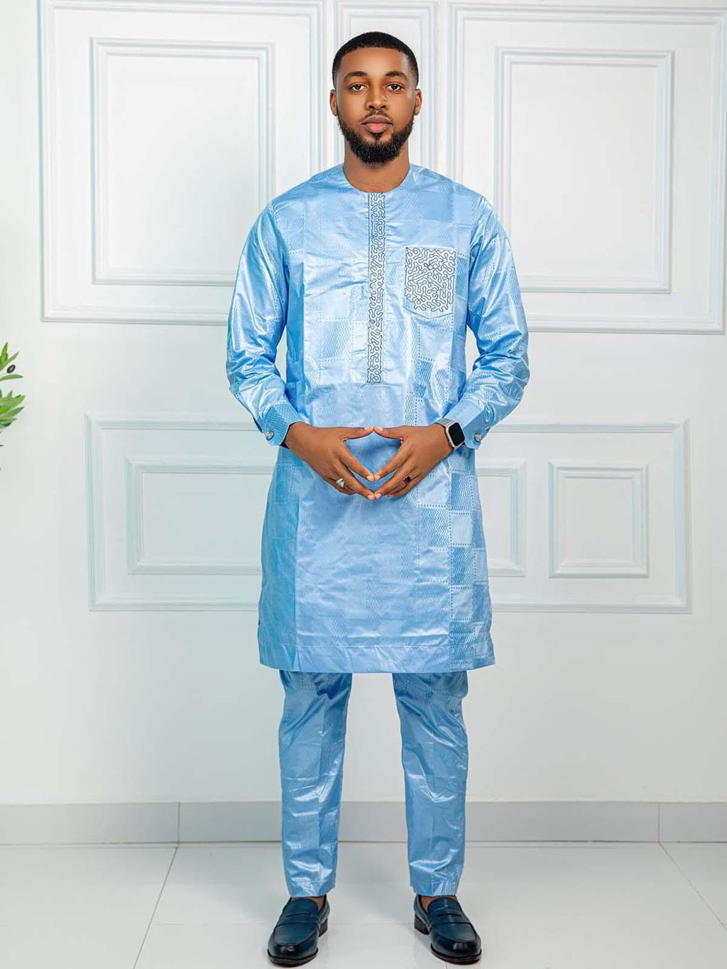 Men's Getzner Bazin Riche 2-Piece Set: Traditional African Embroidery, Long Sleeve Gown andbTrouser