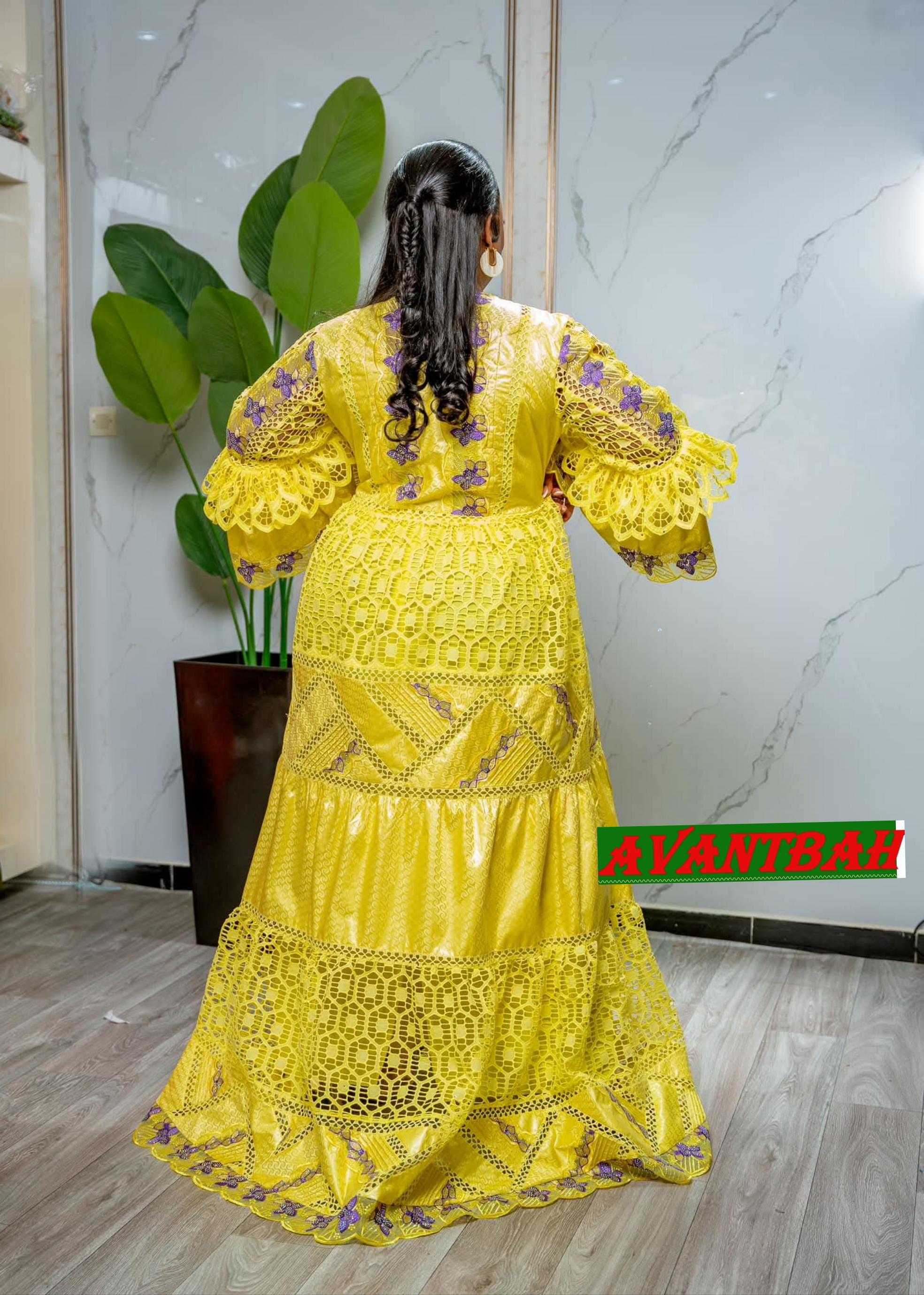 African Bazin Riche Lace Mix Abaya Dress | Elegant Embroidered Grand Bubu, Yellow Head Scarf
